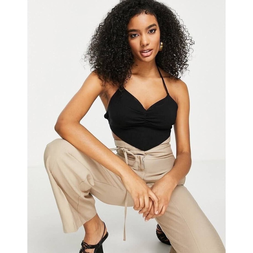 Topshop Black Bengaline Halter Top US 6 Y2K Night Out Crop Minimalist